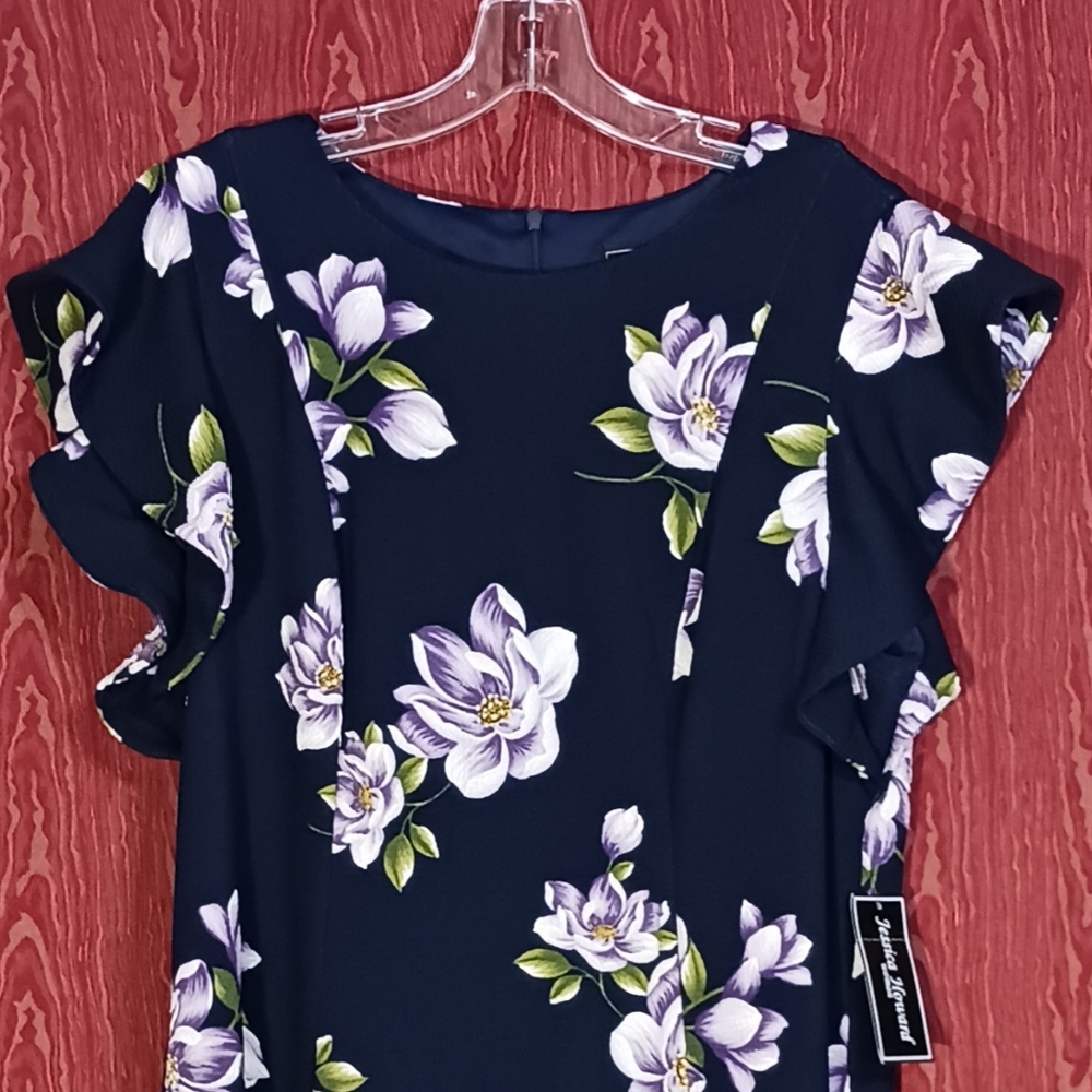 JESSICA HOWARD Navy Blue Floral Zip Short Sleeve Dress Women Sz 14W - Picture 3 of 12